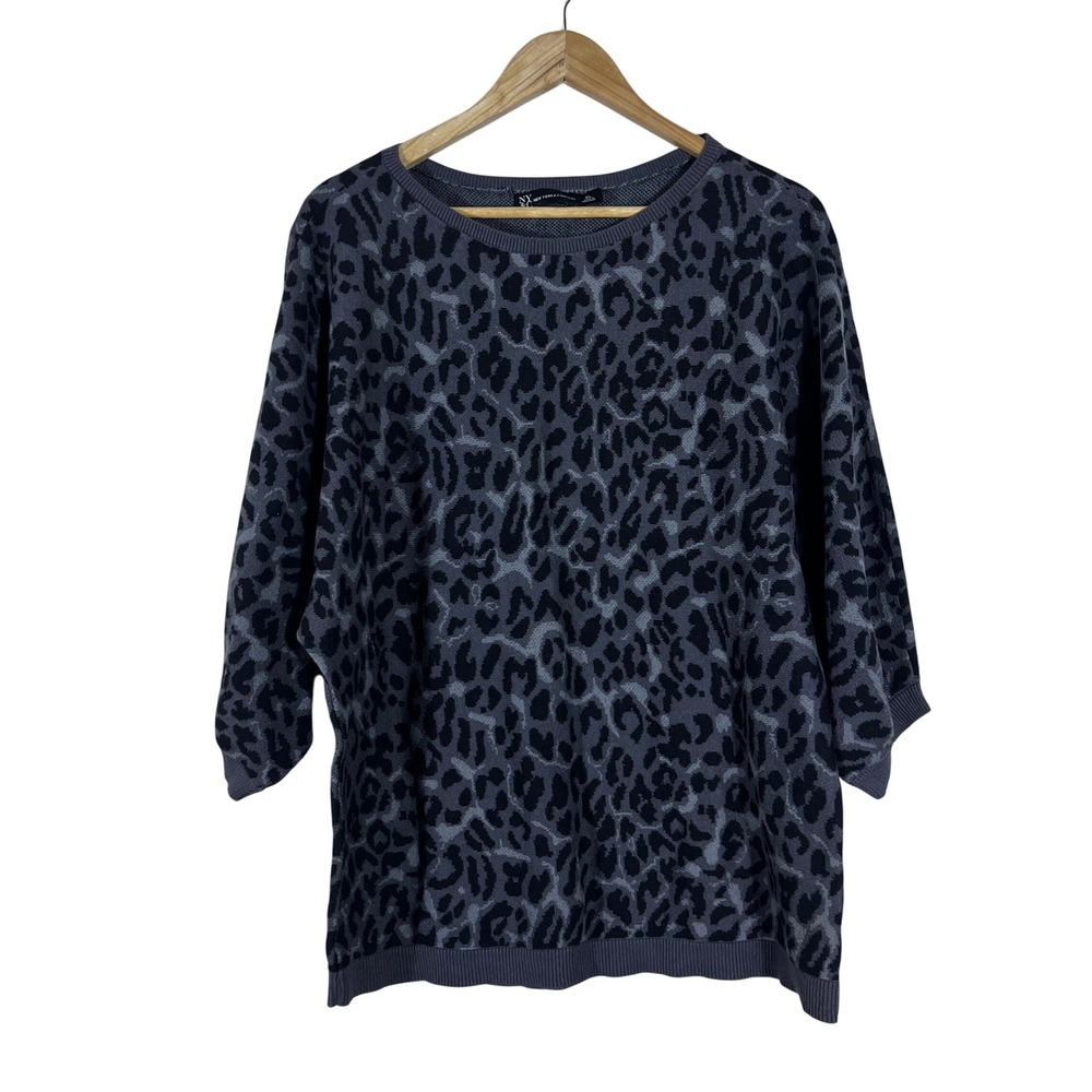 New York & Company Leopard Animal Print Knit Sweater Grey Dolman Sleeve Size XL